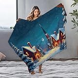 EJXN Dicke Decke, verschneites Winterdorf mit warm beleuchteten Häusern unter einem Halbmond, Flanelldecke, Überwurfdecke für Bett, Fleecedecken (127 x 100 cm)