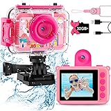 GKTZ Kinderkamera wasserdichte, Geburtstagsgeschenk Spielzeug für Mädchen im Alter von 3-12, unterwasserkamera, 180 drehbare 1080P HD Digitale Action-Kamera für Kinder mit 32GB SD-Karte(Rosa)
