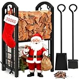 Amagabeli Kaminholzregal Innen Brennholzregal mit 4 Kaminwerkzeug Kaminholzständer Kaminbesteck für Außen Kaminholzhalter Holzregal für Kamin Kaminofen Besteck Schmiedeeisen Schwarz