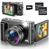 Digitalkamera 4K Kompakte Digitalkamera 48MP mit Autofokus, 3” 180° Klappbildschirm, 16X Digitalzoom, 32GB Speicherkarte, 2 Akkus für Anfänger und Jugendliche