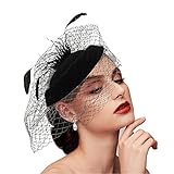 BUENTYA Fascinator Hut Vintage Schleier Hut 1950er Hochzeitshut Pillbox Hüte Feder Mesh Gesichtsschleier Hut Tea Party Kopfbedeckung Hochzeit Fascinator für Mädchen Frauen Schwarz