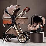 SAUNUOWL Kinderwagen 3 In 1 Faltbarer Kinderwagen Wagen Leichter Buggy Stoßdämpfungsfedern Hochlandschaftskinderwagen Mit Kinderwagen-Regenschutz, Fußsack, Muttertasche (Color : Khaki)