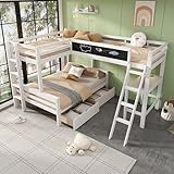 Kinderbett 90x200cm & 140x200cm, Etagenbett für 3-4 Kinder, Hochbett mit Schreibtisch, Tafel und 2 Schubladen, Funktionsbett Stockbett Kinderhochbett Jugendhochbett, Kiefernholz, Ohne Matratze, Weiß