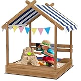 Outsunny Sandkasten aus Holz in Form eines Hauses für Kinder, 124 x 116 x 146 cm – mit Markise, 2 Becken, Spüle, Tafel, Wimpel – Tannenholz autoklavierend