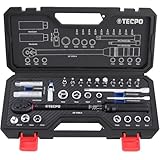 TECPO Drehmomentschlüssel 27-teiliges Set 3/8 Zoll 5-50 Nm feinverzahnt 72 Zähne ±3% mit Adapter, Stecknuss, Verlängerung, Bit und Kardangelenk für Fahrrad Motorrad Zündkerzenwechsel