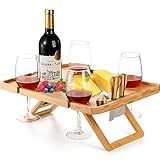 Kingrol Bambus Wein Picknick Tisch mit Weinflasche, 40x31x15cm Glas und Käse Messerhalter - Park, Camping, Strand, Outdoor Snack und Käse Tablett, Weinliebhaber Geschenke, faltbar und tragbar