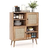 COSTWAY Sideboard Holz, Kommode mit 4 Fächern & 2 Türen, Anrichteschrank Rattan, Schrank modern, 80 x 29,5 x 97cm