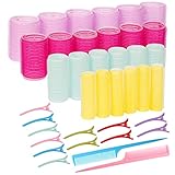 LLGLEU 38 Stücke Lockenwickler Set, 24 Stücke Klettwickler Halten Haarrolle Selbsthaftend von 44 mm, 36 mm, 25mm, 15mm und 12 entenschnabelclips zum Fixieren und 2 Kämme für Salon Barbier Friseur
