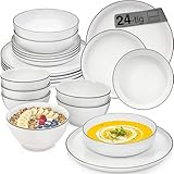 SÄNGER | Tafelservice Marlo Black Rim, 24-teiliges Geschirrset für 6 Personen, Weiß mit schwarzen Akzenten, Suppen-, Dessert-, Speisetellern & Müslischalen aus Porzellan | PREMIUM COLLECTION