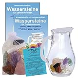 Wassersteine EDELSTEINWASSER Set 300g EDELSTEINE RUHE & ENTSPANNUNG zum WASSER energetisieren + 1,0L Glaskrug Karaffe. 5-tlg SET zur Wasseraufbereitung. Mit TÄSCHCHEN & ANLEITUNG. 90036-2