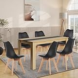 FURNITABLE Esstisch mit 6 Stühlen Esszimmergruppe, 6er Set Esszimmerstühle und 140CM Rechteckig Holztisch Essgruppe für Wohnzimmer Küche Büro (Eiche-Schwarz Tisch+6 Schwarz Stühle)