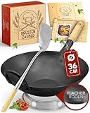 KRUSTENZAUBER 36cm Wokpfanne Induktion Voreingebrannt - Traditionelle Stahlwokpfanne Mit Wokwender und Wokring - Pfanne, Induktion, Woklette, Zubehör, Carbon Steel Karbonstahl