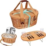Hap Tim Picknickkorb-Set für 2 Personen mit Mini-Klapptisch für Wein, Picknick, große isolierte Kühltasche und Besteck-Set für 2 Personen, Geschenke für Paare, Hochzeitsgeschenke (DE-Y2209-2-CM)