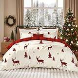 Nyescasa Bettwäsche Weihnachten 135x200 4teilig Rot Rentier Weihnachtsbaum Kariert Wendebettwäsche Weihnachten Kinder Weich Microfaser Winter Bettbezug mit Reißverschluss und 2 Kissenbezug 80x80cm
