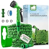 Fepro® Flexibler Gartenschlauch mit 7 Funktion 30m basic, Wasserschlauch flexibel mit 3-Fach Latexkern inkl. Adapter für 1/2' 3/4' Zoll und Wandhalterung, dehnbarer flexiSchlauch