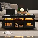 100×50×43cm Schwarz Hochglanz-Couchtisch, mit per mobiler App steuerbaren LED-Leuchten, Wohnzimmertisch mit Schrank, Sofatisch mit Ladeanschluss und steckdose , geeignet für Büro, Arbeitszimmer