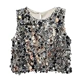 Mädchen-Tanktop mit Pailletten, Glitzer-Weste, Teenager, glitzernd, ärmellos, Tanzparty, Tops, Rundhalsausschnitt, bauchfreies T-Shirt, silber, 9-10 Jahre