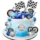 Renn Auto Tortendeko,28 Stück Blau Auto Kuchen Deko,Rennwagen Geburtstagstorte Deko Karierter Flagge Kuchendeko Geburtstag Junge, Cake Topper für Kindergeburtstag, Rennauto Theme Party