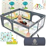 EveryKip® Laufstall Baby 120x120cm, Laufgitter baby mit atmungsaktivem Netz, Baby Laufstall mit Reißverschlusstür, Kinder laufgitter, Kleines Laufstall Dunkelgrau