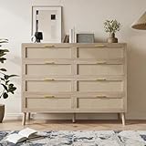 Kommode im Boho Stil mit 8 Schubladen, Wiener Geflecht, Rattan Kommode mit Geflecht Design und Metallgriffen Aufbewahrungsschrank aus Holz für Schlafzimmer Wohnzimmer Flur, 120 x 40 x 94cm