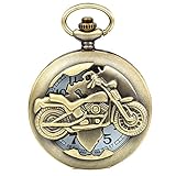 JewelryWe Vintage Bronze Motorrad Taschenuhr Herren Analog Quarz Uhr mit Halskette Kette Umhängeuhr Pocket Watch Vatertagsgeschenk