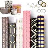 Weihnachtspapier Geschenkpapie, 6 Rollen 43 x 300cm Geschenkpapier Set, Schwarz Gold Geschenkpapierrolle, mit Schleifenband und Aufklebern, Geschenkpapierrollen für Geschenkkisten & Dekoration