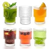 HIGSPE 200ml Geriffelte Gläser, 6er Gerippt Trinkgläser Set, Stapelbare Ripple Gläser Vintage Origami-Stil Glasbecher, Wassergläser für Cocktails Whiskey Tee Soda Kaffee