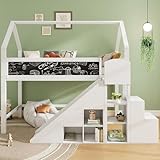 Aoskem Kinderbett Etagenbett 90x200 cm, Hausbett Hochbett mit Treppe & Rutsche, Holzbett Bettgestell, Stauraum Regale & Schränke, Graffiti-Tafel, mit Rausfallschutz & Lattenrost, Ohne Matratze, Weiß