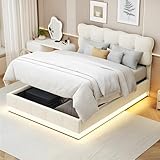 QLTXYHML Stauraumbett 160x200, Polsterbett mit LED-Beleuchtung, großem Bettkasten und Lattenrost, Bettgestell mit hydraulischem Bettkasten, Kopfteil mit Stauraum (Beige, 160x200 cm)