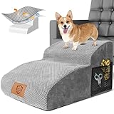 HEVOL Hundetreppe für Kleine Hunde, 2 Stufen Haustiertreppe mit Waschbarer Bezug, Abnehmbar Katzentreppe, Tragbare Hunderampe für Sofa Bett - Senden 1 Fusselrollen