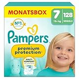 Pampers Premium Protection Größe 7, 128 Windeln, 15kg+, Doppelter Schutz für die Haut und vor Auslaufen