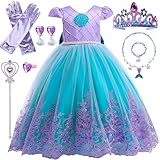 YYDSXK Prinzessin Kleid Mädchen, Meerjungfrau Kostüm Kinder Mädchen Kleid mit Kronen Halsketten Set, Prinzessin Kostüm für Weihnachten Halloween Karneval Cosplay Geburtstagsfeier 3-10 Jahre (120cm)