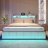 WSOFZMO Doppel Bett 160x200 mit Lattenrost, Boxspringbett 160x200, Doppelbett Polsterbett mit Stauraum, Betten mit 4 Schubladen, LED und 2 USB, 1 Type-c, Leinen, ohne Matratze (Beige, 160 * 200)