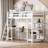 BAJKNIU Kinderbett Hochbett 90x200, Hochbett mit Schreibtisch & Lagerregal, Etagenbett Kinderhochbett mit Lattenrost, Kinderbetten mit Leiter, Kinderbett Bettgestell mit Rausfallschutz, Loftbett