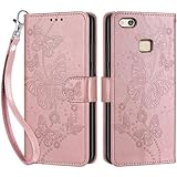Handyhülle für Huawei P10 Lite Hülle, PU Leder Eleganter Prägung Schutzhülle mit Kartenfach, Flip Case Klappbar Stoßfeste Hülle für Huawei P10 Lite (Schmetterling-Roségold)