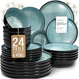 Steingut Geschirrset 6 Personen Ibiza 24 tlg. TESTSIEGER, Traumhaftes Mediterranes Steingut Geschirr Set, Schüssel- und Teller Set, Tafelservice 6 Personen, Geschirrsets Pure Living in Petrol