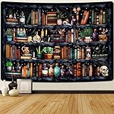 Alishomtll Vintage Bücherregal Wandteppich, Bücher Totenköpfe Flaschen Bunte Wandtuch, Schlafzimmer Wohnzimmer Schlafsaal Ästhetische Dekoration Wandbehang, Schwarz 150x130cm