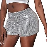 Glitzer Shorts Damen Pailletten Glänzend Kurze Hose Hohe Taille Outfits Hotpants Party Festival Silvester Outfit Kostüm Sexy Pailettenhose Freizeitshort