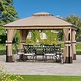 Modern Shade Pavillon 3,35x3,96m wasserdicht stabil, Hinterhof Gartenpavillon mit LED-Beleuchtung & Bluetooth-Lautsprecher, Partyzelt Doppeldach mit Netz und Vorhängen für Garten Schatten Regen