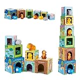 KMTJT Baby Stapelturm und Stapelwürfel ab 1 Jahr, Tier Montessori Spielzeug ab 1 2 3 Jahr, Geschenk für 1 2 3 Jahre Kleinkinder Junge Mädchen, BPA-frei, Turm mit Niedlichen Tiermotiven