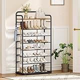 Hzuaneri Schuhregal, 8-stöckiges Schuhablage mit Haken, Abtropfschale, Flache und Kippbare Gitternetzregale, 28-32 Paar, Schuhaufbewahrung für Eingang, Flur, Wohnzimmer, Vintagebraun-schwarz SR57901B