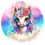 J&M DECO Tortenaufleger Geburtstag - Tortendeko Einhorn Mädchen - Geburtstagskuchen Deko aus Fondant - Rund 20 cm - Esspapier Tortendeko - Tortenaufleger Einhorn - Cake Decoration