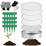 Gartensieb Rund, 5 in1 Gartensieb Edelstahl 20 cm, mit 5 Austauschbare Siebeinsätze Ø 3,6,9,10,12 mm, kompostsieb rund metall, inklusive Gartenschaufel und 20 Pflanzenetiketten 1 Paar Handschuhe.