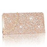 Larcenciel Damen Clutch, Glitzer Handtasche mit Abnehmbarer Kette, Rosegold Strass Abendtasche für Braut, Funkelnde Elegant Umschlag Crossbody Schultertasche für Hochzeit, Party, Date, 20x5x10cm