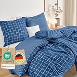 Blumtal Biber Bettwäsche 155x220cm + 2x 80x80cm Baumwolle 3teilig - Flanell Bettwäsche Baumwolle 155x220 cm OEKO-TEX zert. & ultra weich - 60 °C waschbare Winterbettwäsche mit edlem Wendedesign - Blau