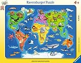 Ravensburger 66414 Kinderpuzzle-06641 Weltkarte mit Tieren-Rahmenpuzzle für Kinder ab 4 Jahren, mit 30 Teilen, Yellow