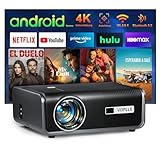 Smart Beamer【Integrierte Apps/Autofokus Keystone 】 Full HD 1080P 25000L Beamer 4K Unterstützung, VOPLLS WIFI6 Bluetooth Heimkino Video/Outdoor Beamer für Android/iPhone/PS5 Handy Projektor mit Stativ