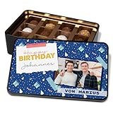 Pralinendose personalisiert mit Foto„Happy Birthday“ Blau - 12 Confiserie-Pralinen in Geschenkdose – Schokolade Geschenkidee Geburtstag