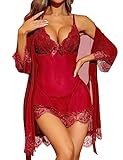 RSLOVE Sexy Dessous für Damen Spitzen-Babydoll mit Morgenmantel Nachtkleid Nachtwäsche Weinrot XXL