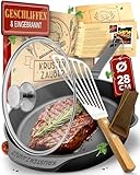 KRUSTENZAUBER Gusseisenpfanne Induktion 28cm inkl. Deckel und Pfannenwender - Geschliffene Pfanne Gusseisen, Eisenpfanne, Cast Iron Pan, Gusspfanne, Gusseiserne Pfanne, Gusseisen-Pfanne, Gusspfanne